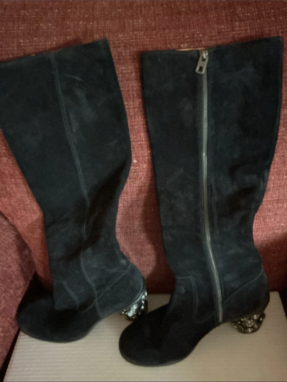 Coach Black Suede Knee-High and Ankle Boots with Embellished Heels
